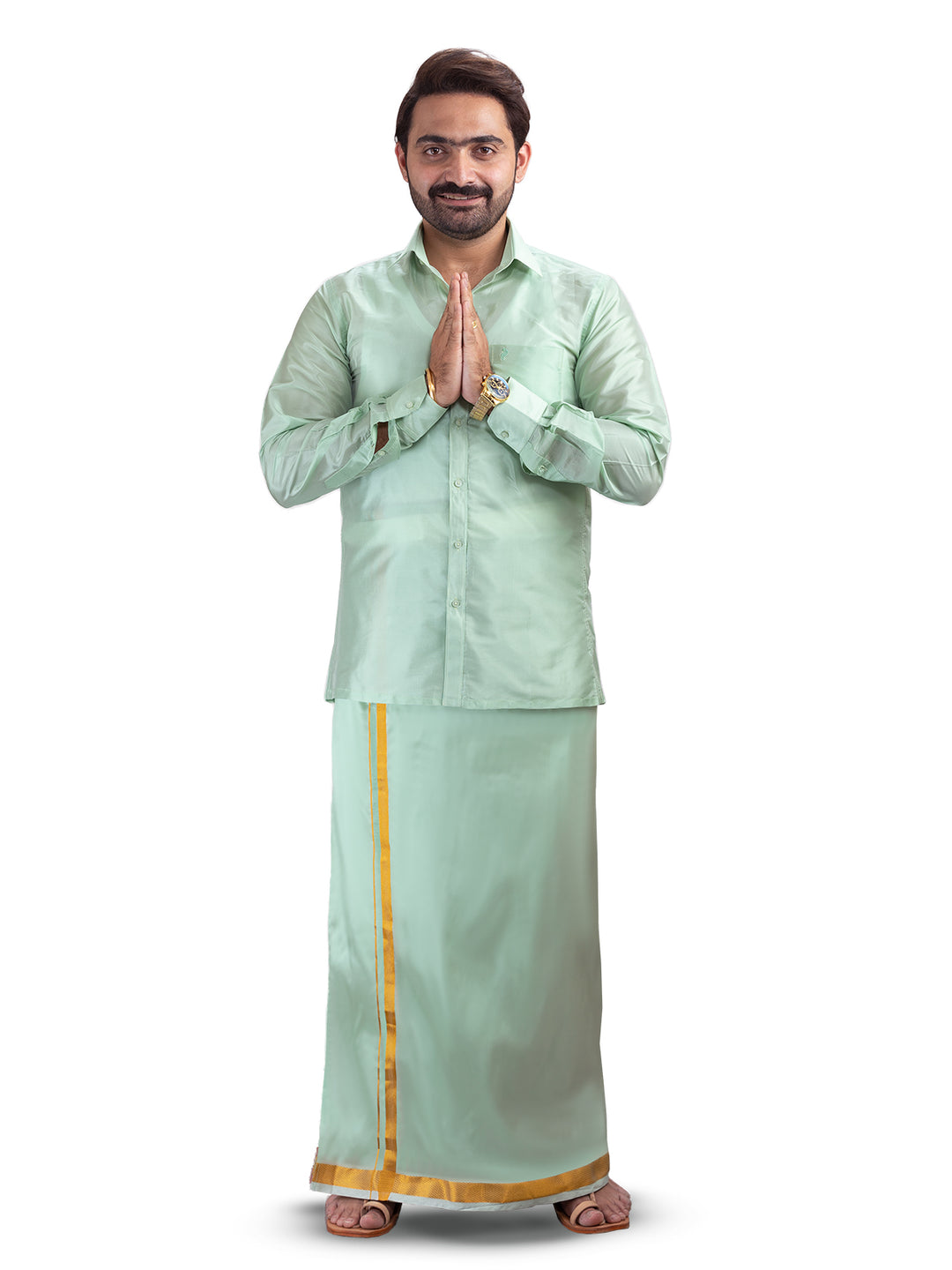 Hasana Silk Shirt and Dhoti Set - Pista Green